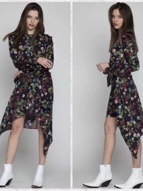 Walter Baker Black Floral Asymmetric Midi Dress